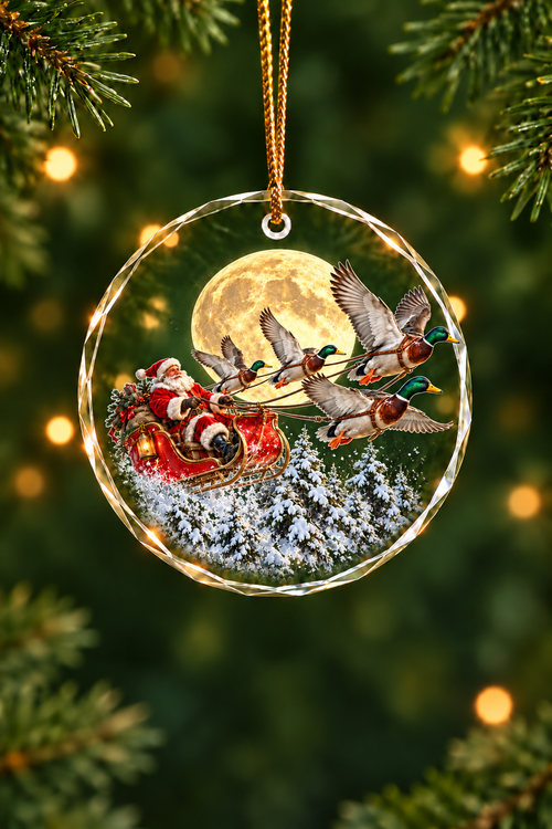 Santa Mallard Moon Sleigh - Glass Ornament image 1