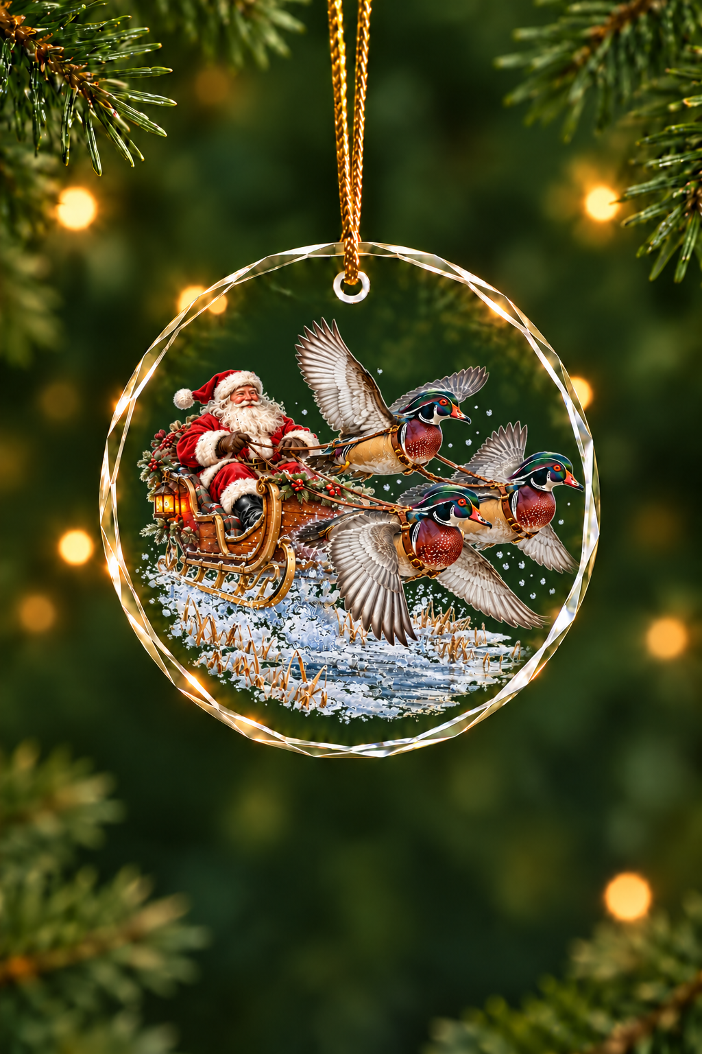 Santa Wood Duck Sleigh - Glass Ornament image 1