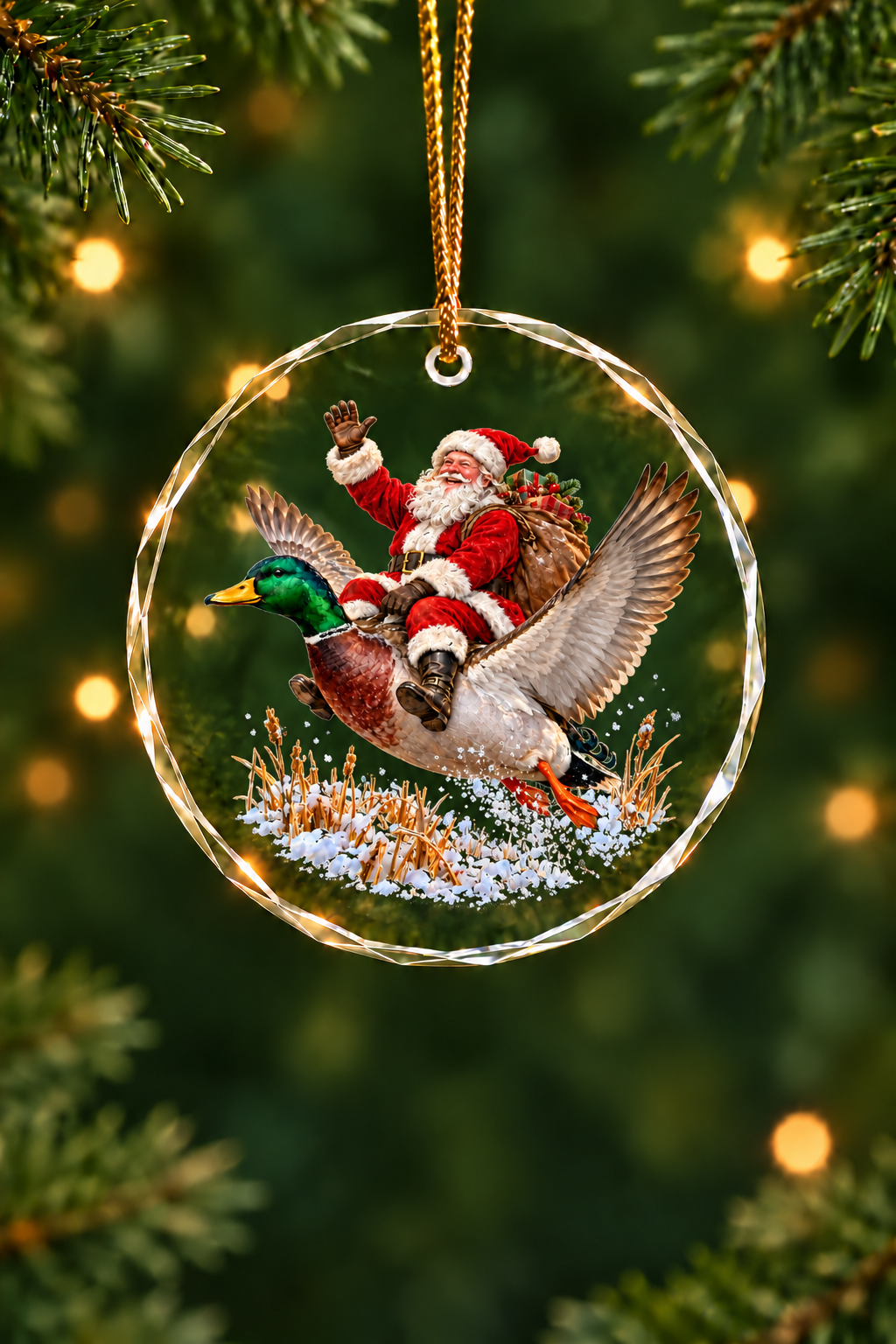 Santa Mallard Flight - Glass Ornament image 1