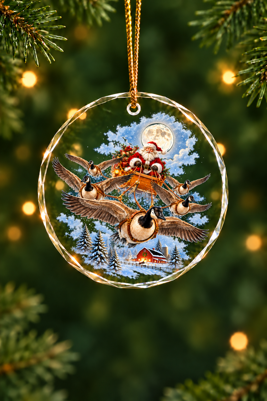 Santa Red Barn Canada Goose Sleigh - Glass Ornament image 1