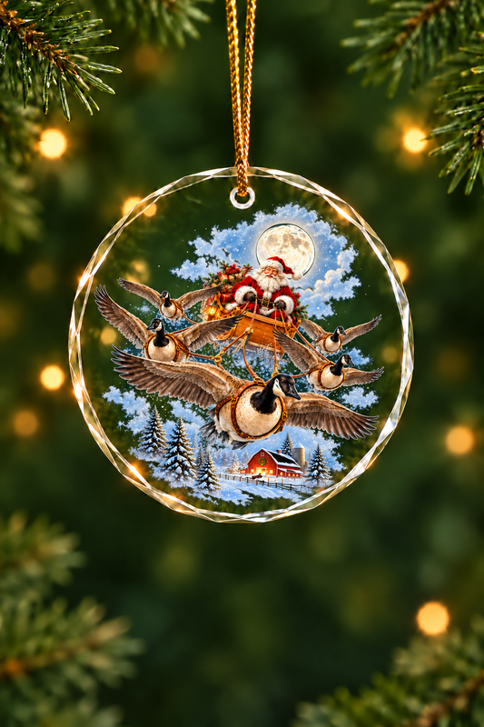 Santa Red Barn Canada Goose Sleigh - Glass Ornament image 1