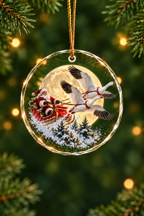 Santa Snow Goose Moon Sleigh - Glass Ornament image 1