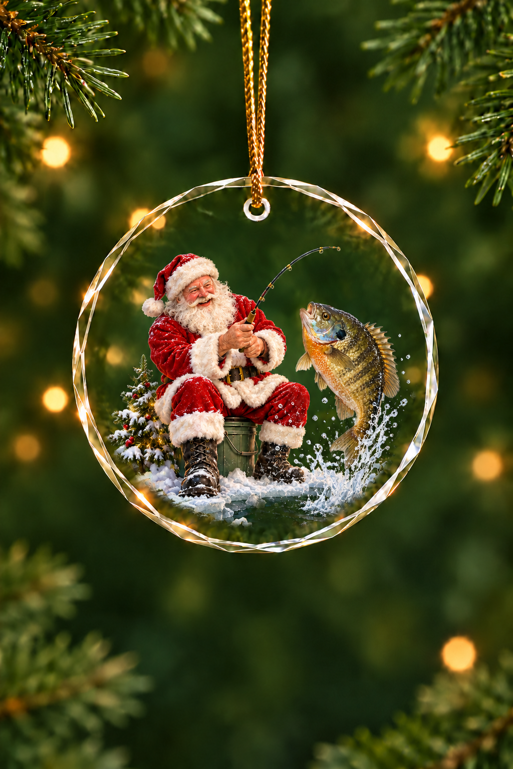 Santa Ice Fishing Bluegill - Glass Ornament image 1