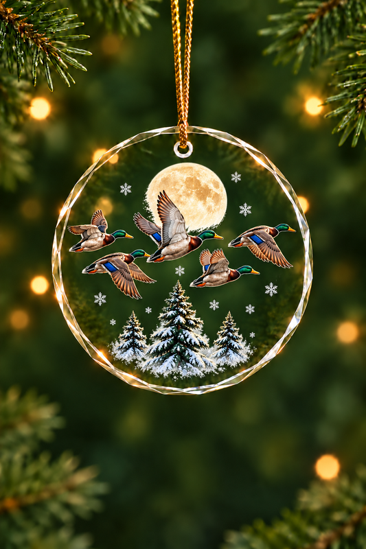 Golden Moon Mallard Flight - Glass Ornament image 1