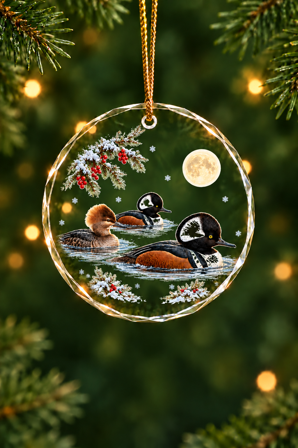 Berry Branch Hooded Merganser - Glass Ornament image 1