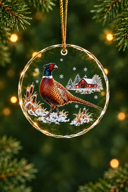 Red Barn Snow Pheasant - Glass Ornament image 1