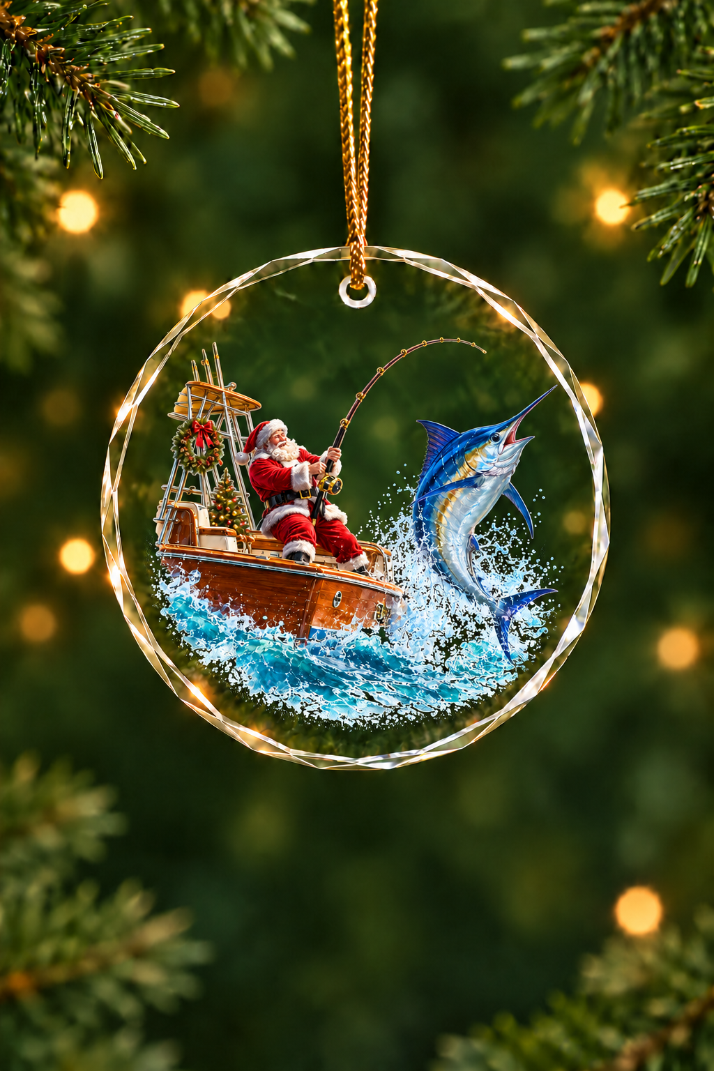 Santa Wooden Boat Blue Marlin - Glass Ornament image 1