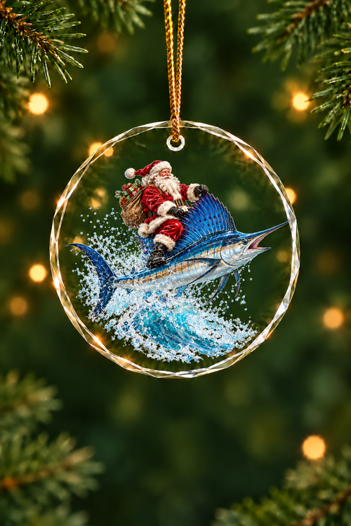 Santa Sailfish Wave Ride - Glass Ornament image 1