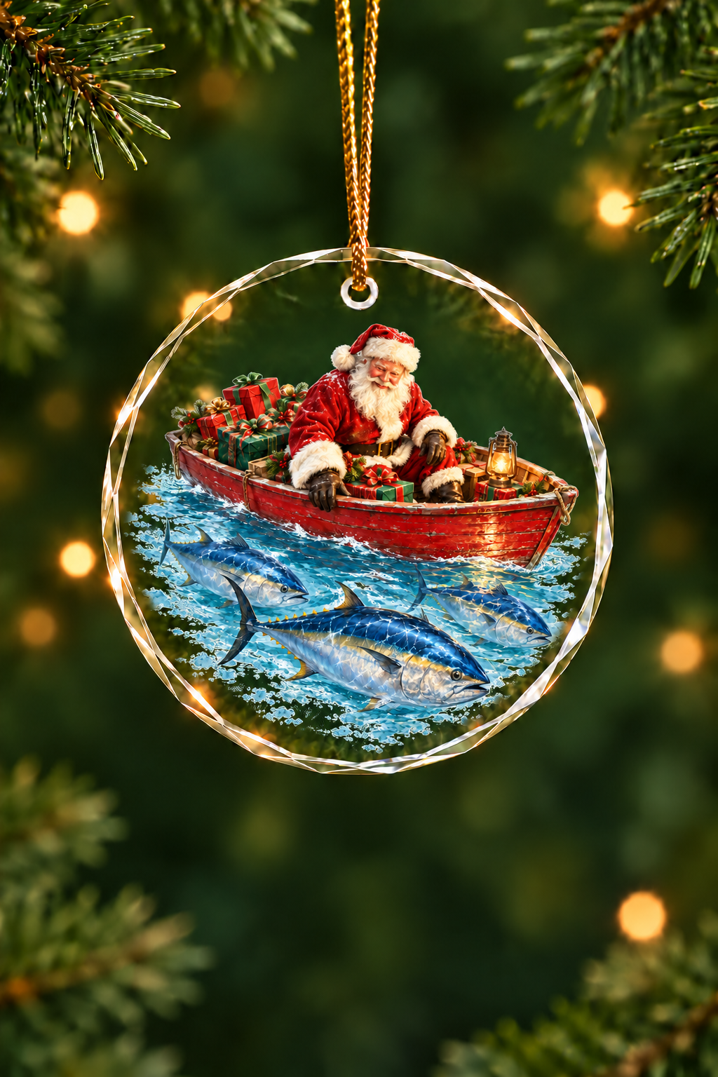 Santa Rowboat Bluefin Tuna - Glass Ornament image 1