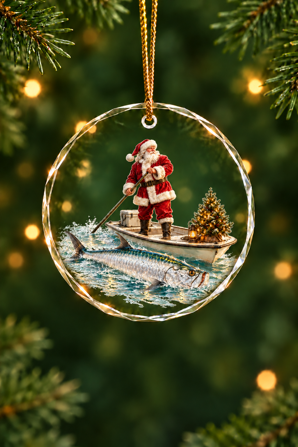 Santa Poling Skiff Tarpon - Glass Ornament image 1