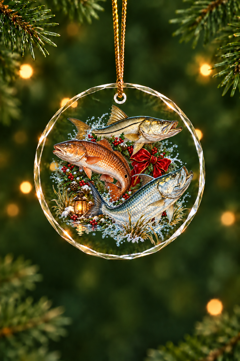 Holly Wreath Snook Tarpon Slam - Glass Ornament image 1