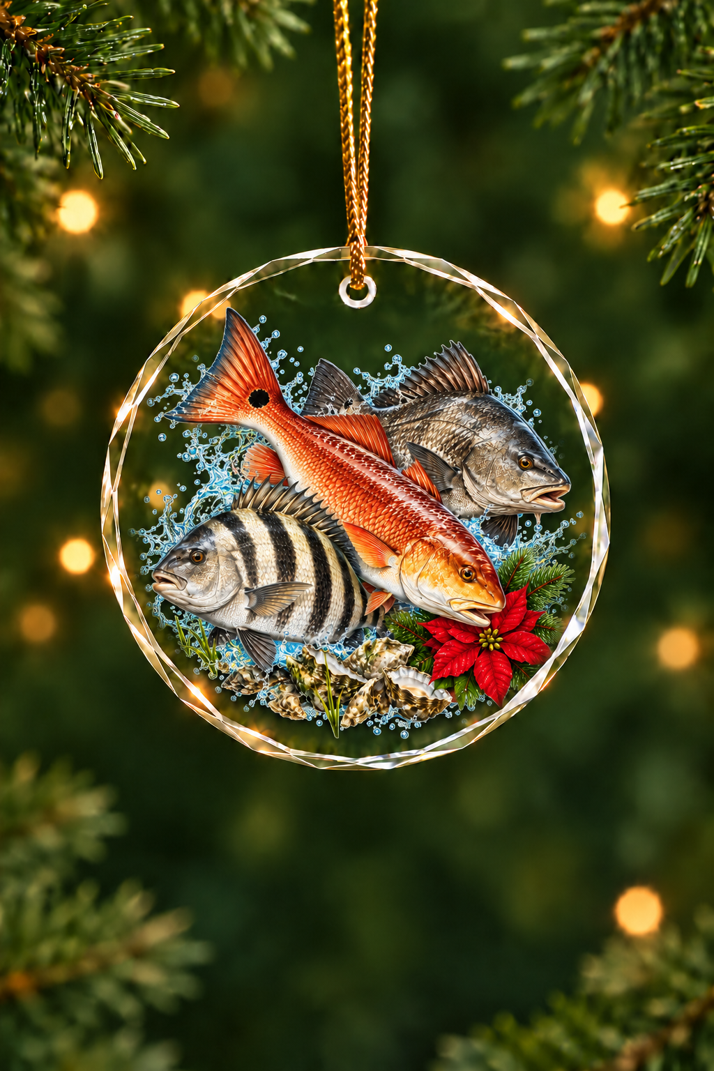 Poinsettia Oyster Redfish Drum Slam - Glass Ornament image 1