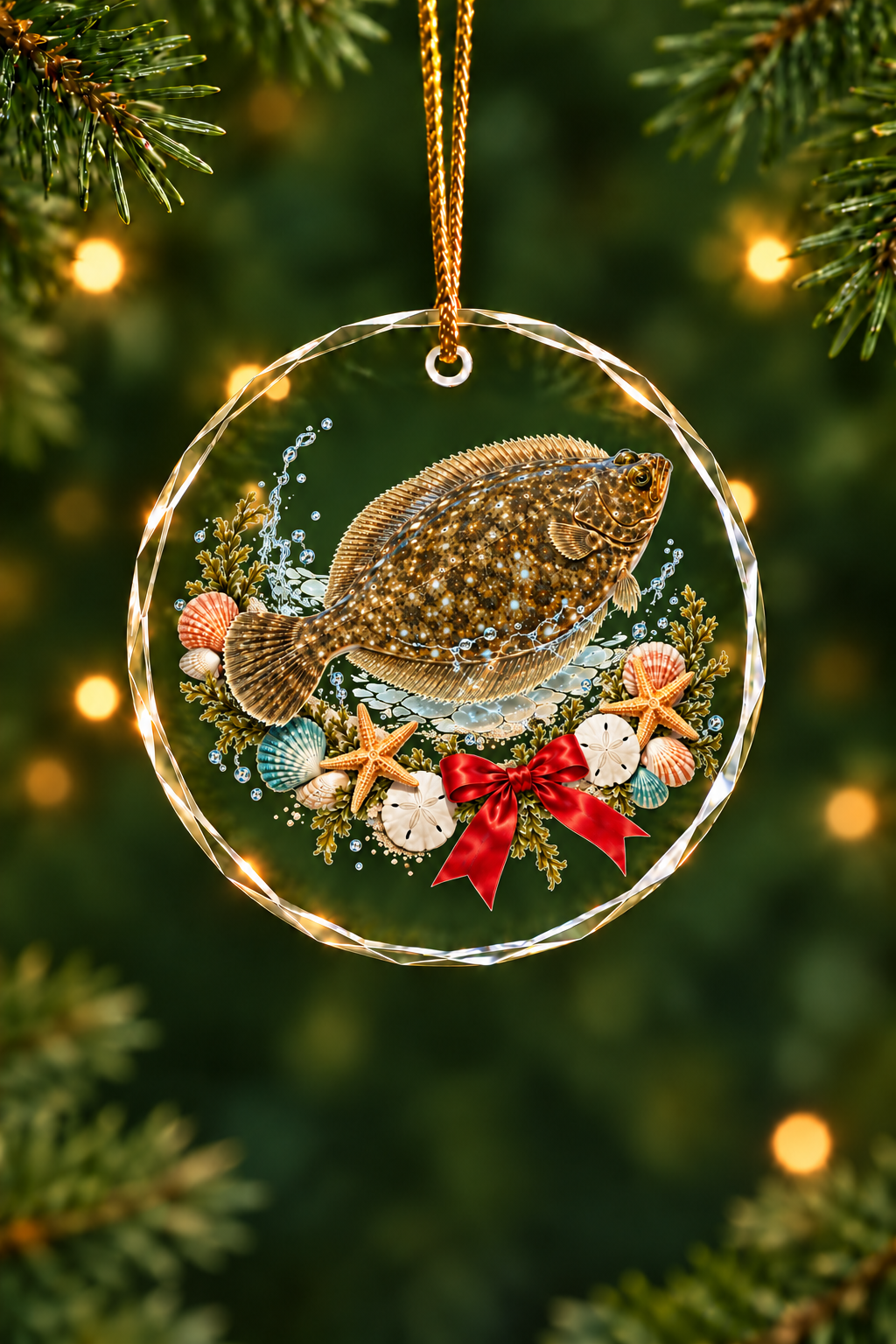Seashell Wreath Flounder - Glass Ornament image 1