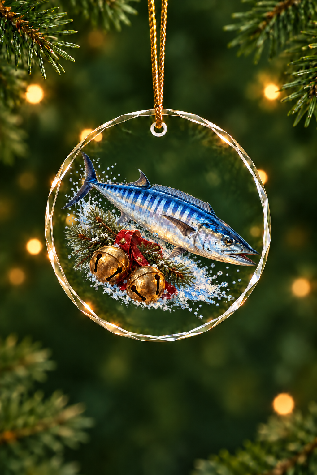 Brass Sleigh Bells Wahoo - Glass Ornament image 1