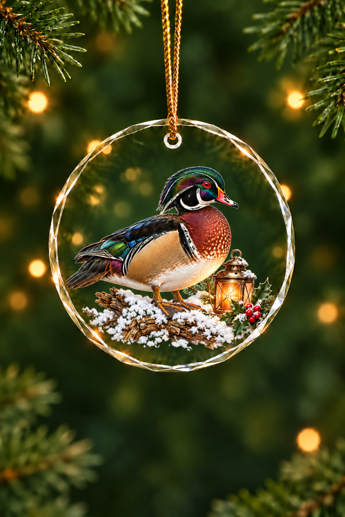 Brass Lantern Wood Duck - Glass Ornament image 1