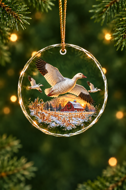 Sunset Barn Snow Geese - Glass Ornament image 1