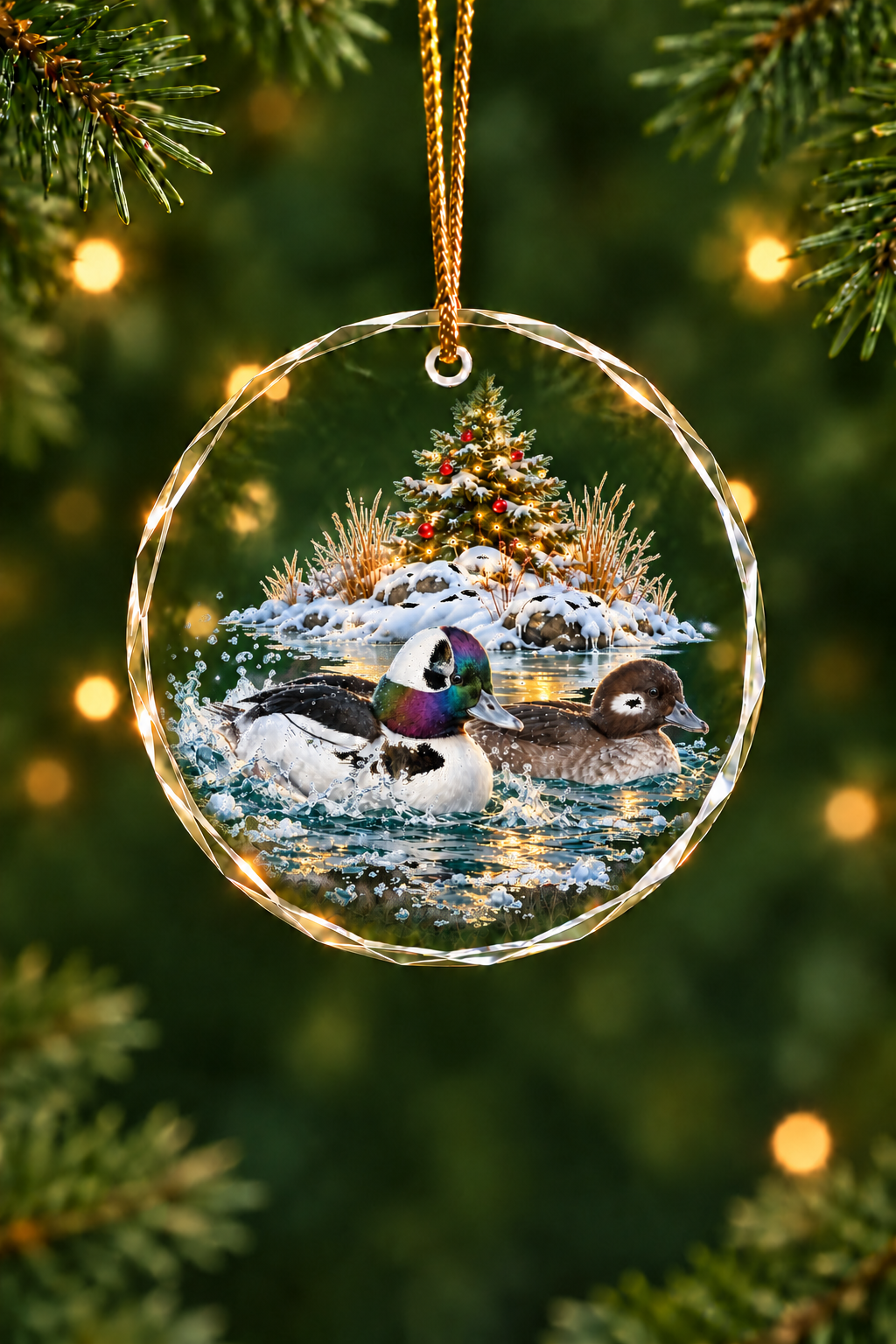 Lit Tree Island Bufflehead - Glass Ornament image 1