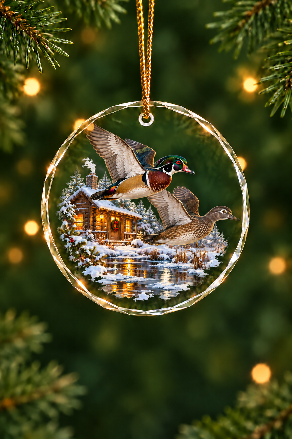 Cabin Dusk Wood Ducks - Glass Ornament image 1