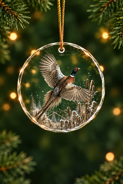 Snowy Marsh Pheasant Flight - Glass Ornament image 1
