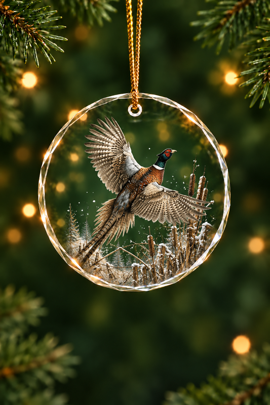 Snowy Marsh Pheasant Flight - Glass Ornament image 1