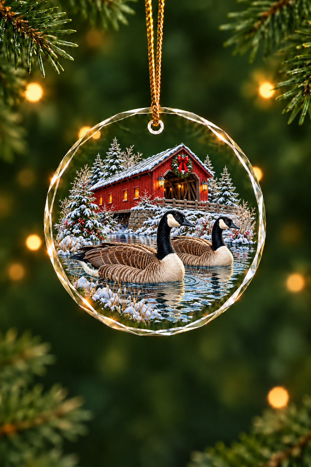 Covered Bridge Canada Geese - Glass Ornament image 1