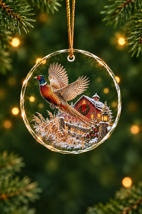 Red Barn Fence Pheasant - Glass Ornament image 1