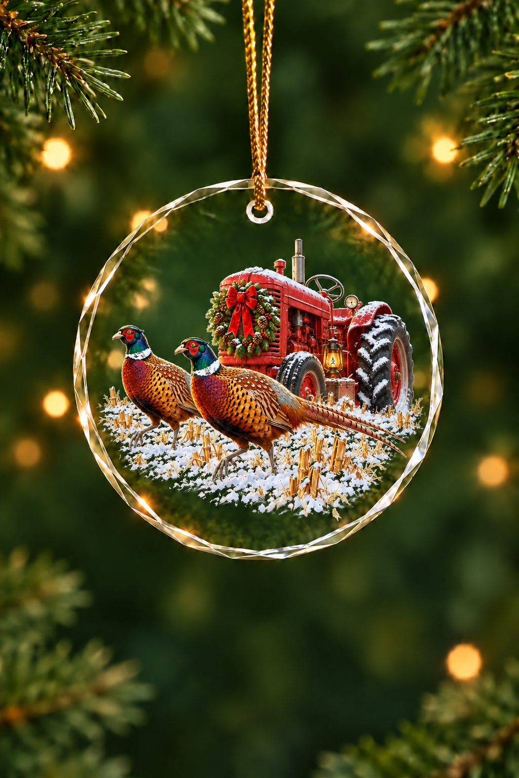 Red Tractor Pheasant Pair - Glass Ornament image 1