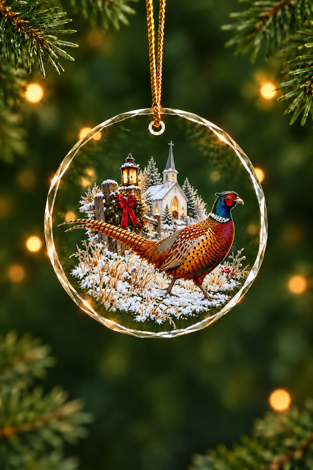 Country Church Pheasant - Glass Ornament image 1