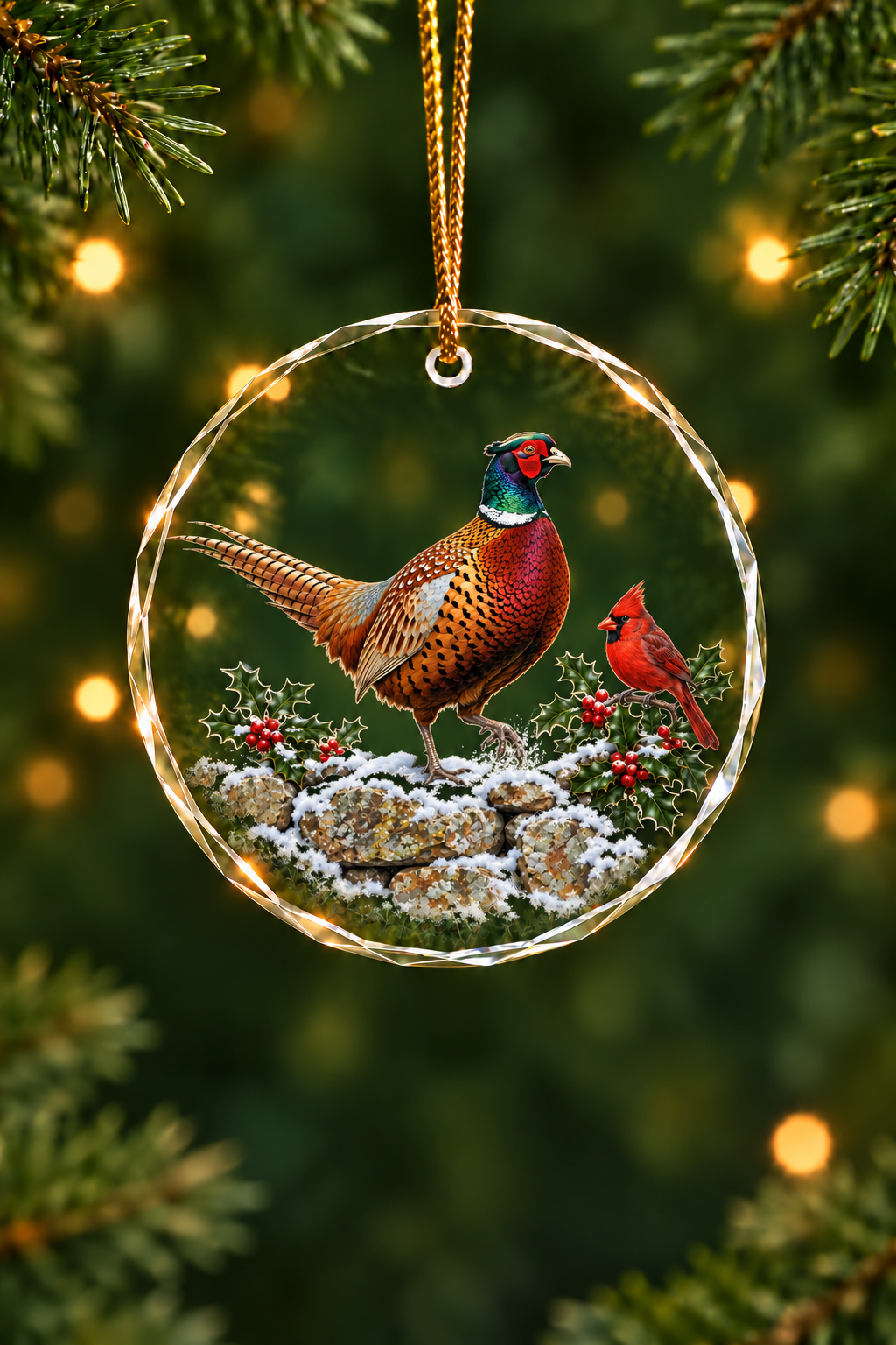 Stone Wall Holly Pheasant - Glass Ornament image 1