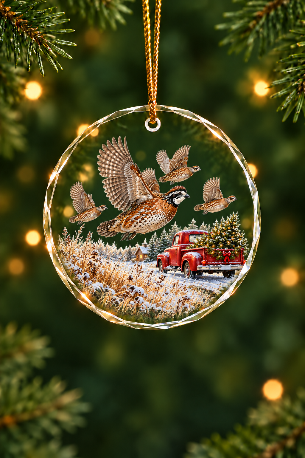 Red Truck Flushing Quail - Glass Ornament image 1
