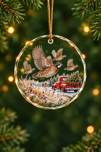 Red Truck Flushing Quail - Glass Ornament image 1