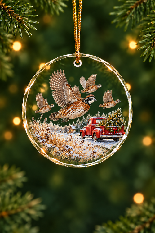 Red Truck Flushing Quail - Glass Ornament image 1