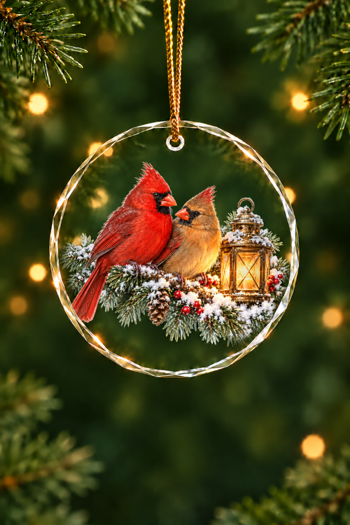 Lantern Pine Cardinal Pair - Glass Ornament image 1