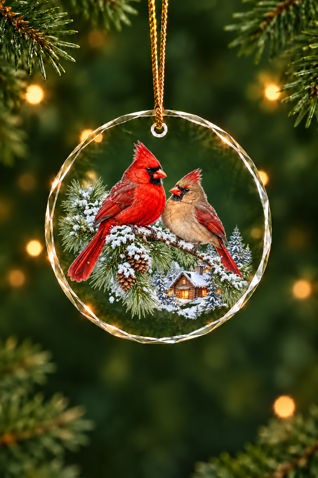Cabin Pine Cardinal Pair - Glass Ornament image 1