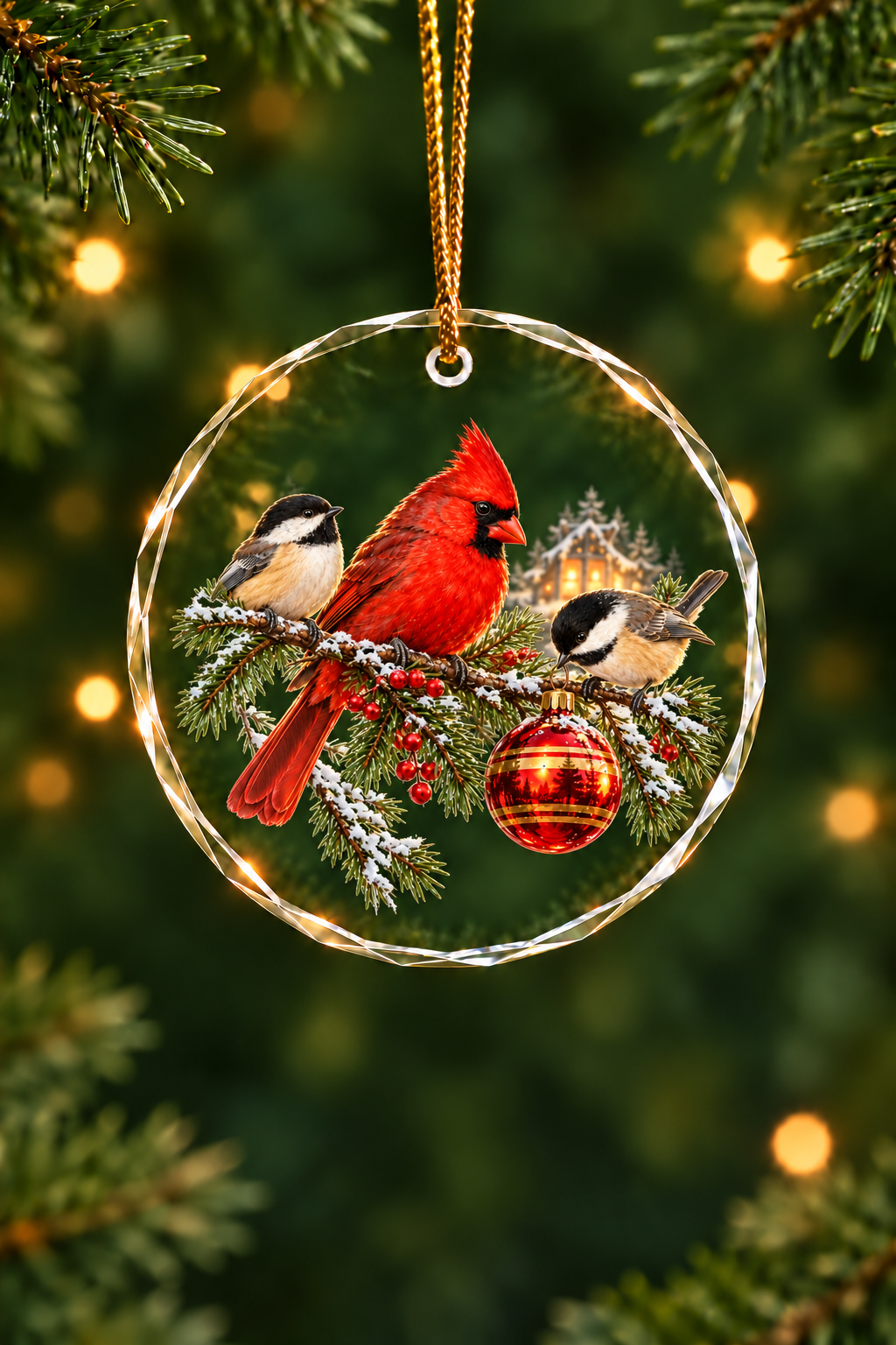 Bauble Branch Cardinal Chickadees - Glass Ornament image 1