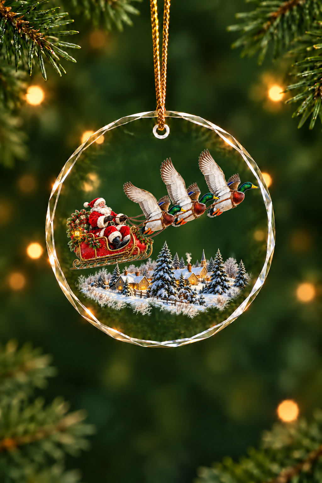 Santa Mallard Sleigh Team - Glass Ornament image 1