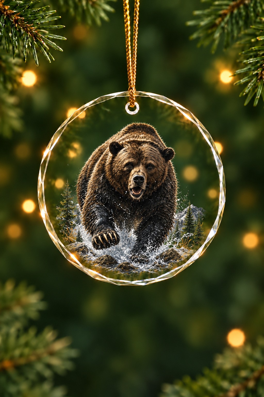 Mountain Ridge Grizzly Charge - Glass Ornament image 1