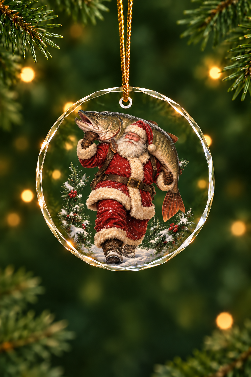 Christmas Santa Musky Plaid - Glass Ornament image 1