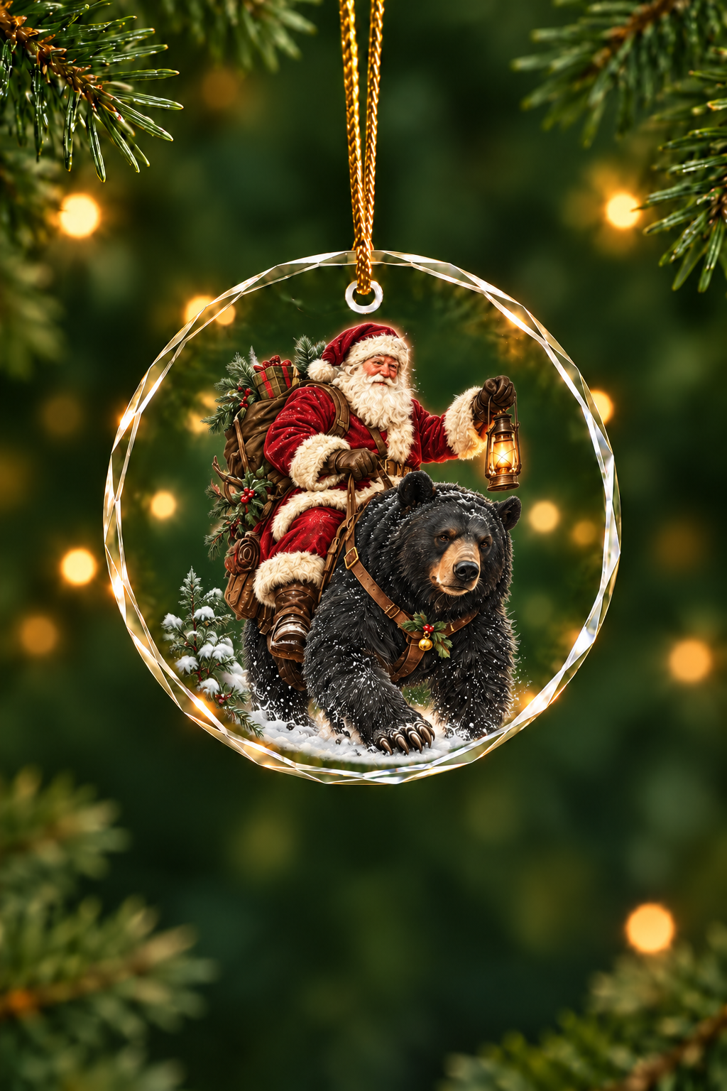 Festive Santa Black Bear Trek - Glass Ornament image 1