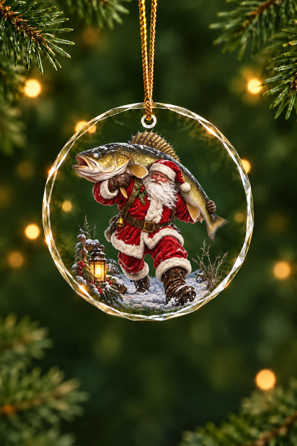 Santa Plaid Walleye Catch - Glass Ornament image 1