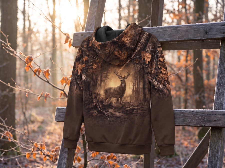 Fleece-lined hunting hoodie draped over a tree stand rail at frosty dawn