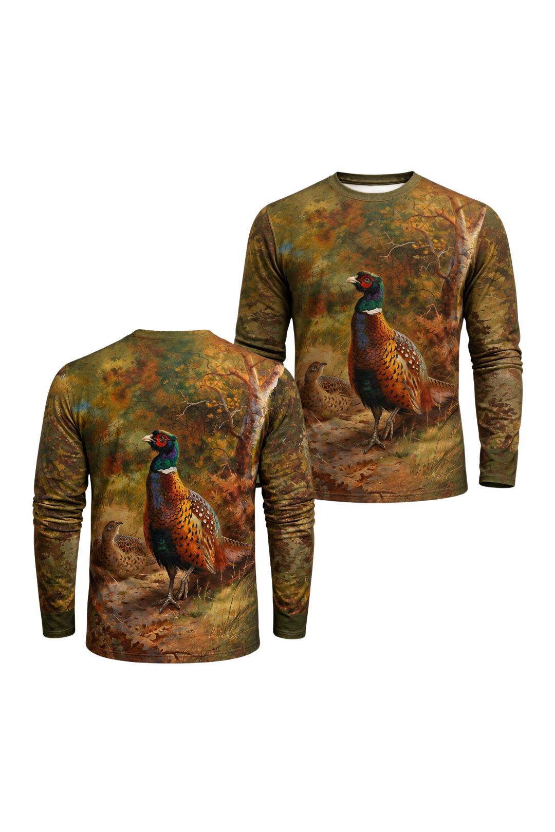 Performance Hunting Long Sleeve - Cock and hen pheasant in a woodland clearing - ULS315V image 1