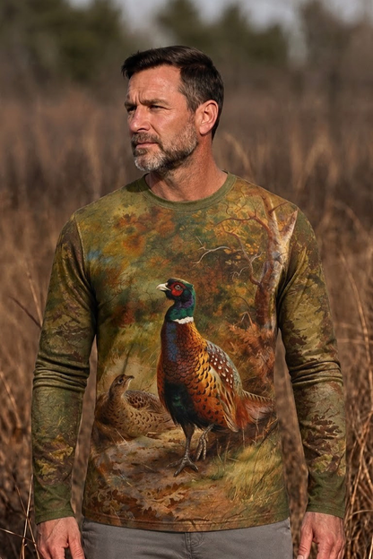 Performance Hunting Long Sleeve - Cock and hen pheasant in a woodland clearing - ULS315V image 2