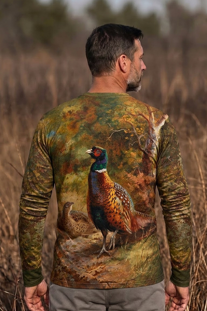 Performance Hunting Long Sleeve - Cock and hen pheasant in a woodland clearing - ULS315V image 2