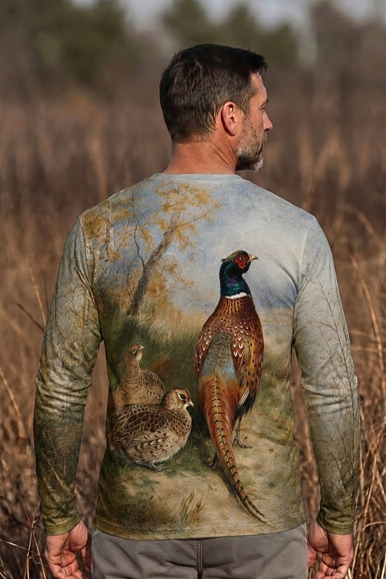 Performance Hunting Long Sleeve - Cock and Hen Pheasant at the Edge of a Wood - ULS317V image 2