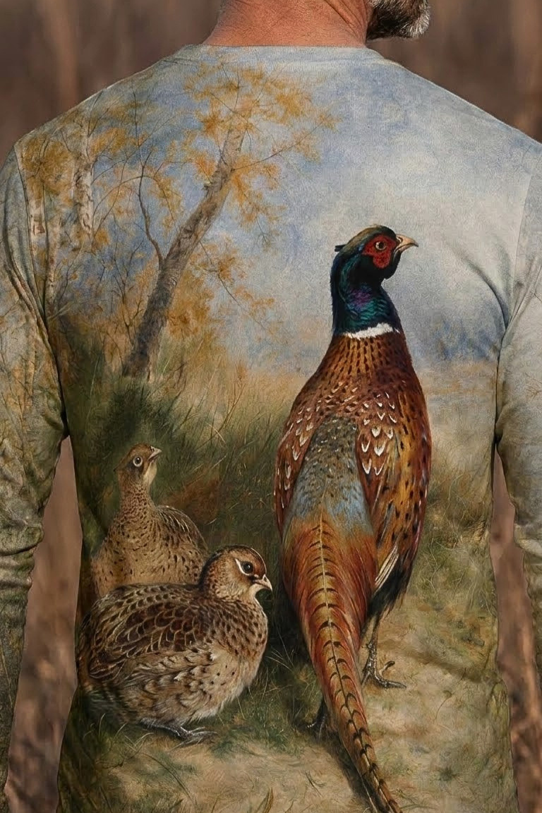 Performance Hunting Long Sleeve - Cock and Hen Pheasant at the Edge of a Wood - ULS317V image 4