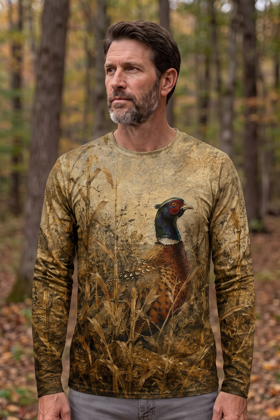 Performance Hunting Long Sleeve - Golden Cornfield Pheasant Flush - TBT336 image 2
