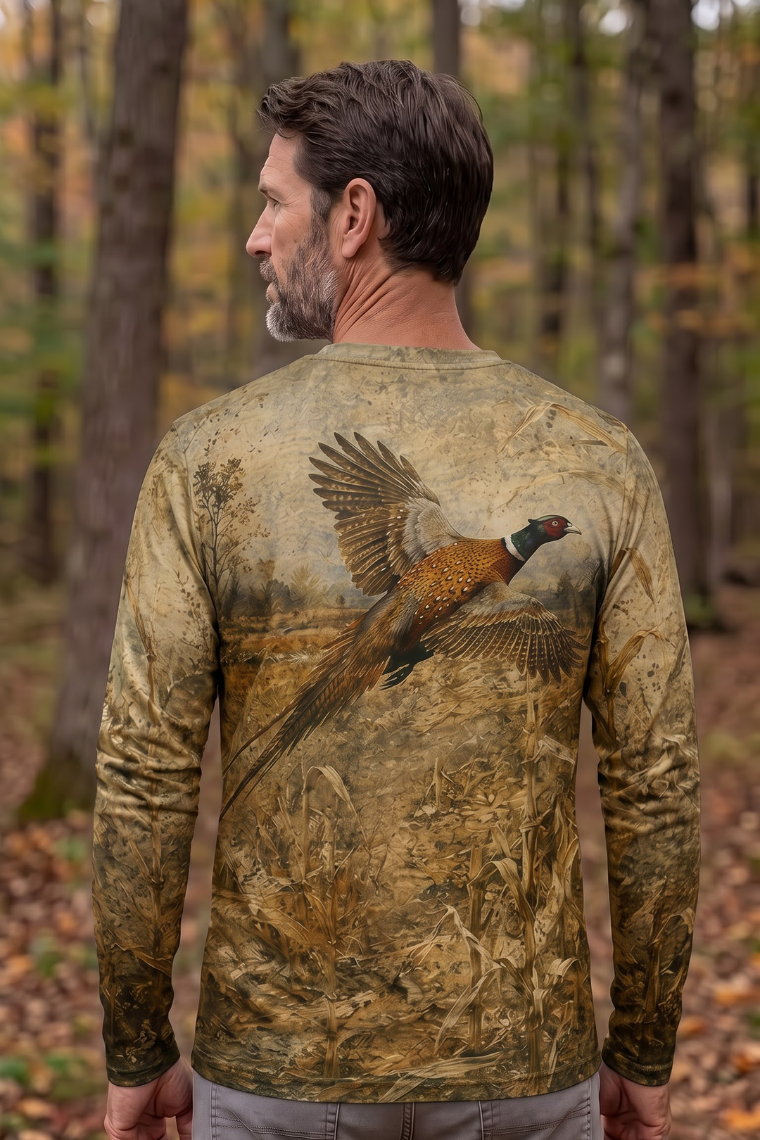 Performance Hunting Long Sleeve - Golden Cornfield Pheasant Flush - TBT336 image 3