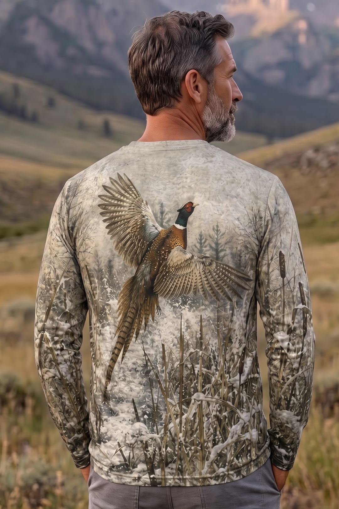 Performance Hunting Long Sleeve - Snowy Marsh Pheasant Flight - TBT337 image 2