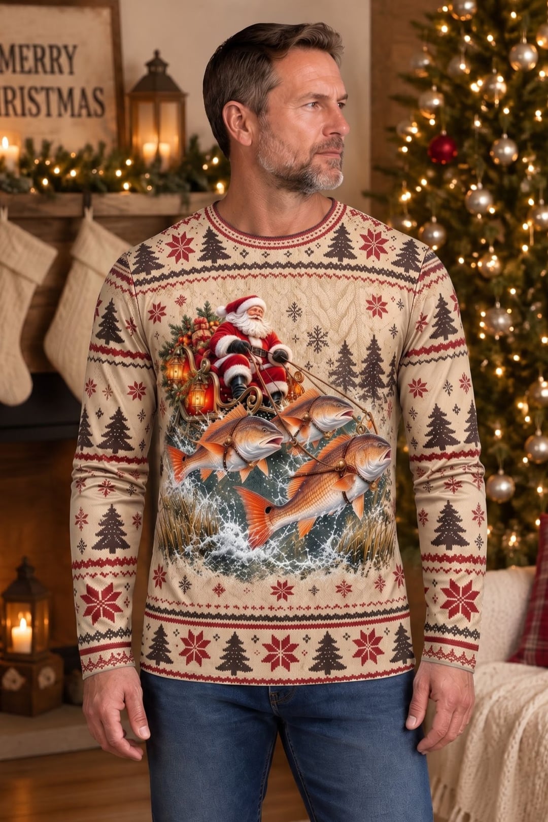Performance Fishing Long Sleeve - Festive Redfish Santa Sleigh - ULS765K image 2